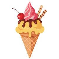 Strawberry flavored ice cream cone with chocolate drizzle isolated illustration on white background vector