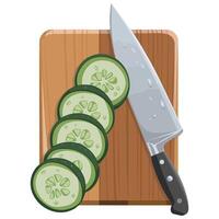 Fresh cucumber slices on cutting board with knife isolated illustration on white background vector
