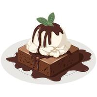 Decadent chocolate brownie with vanilla ice cream isolated illustration on white background vector