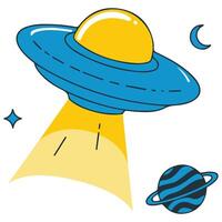 Flying saucer with planets space isolated illustration on white background vector