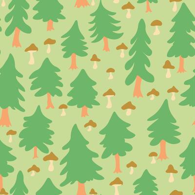 seamless pattern with fir trees and mushrooms