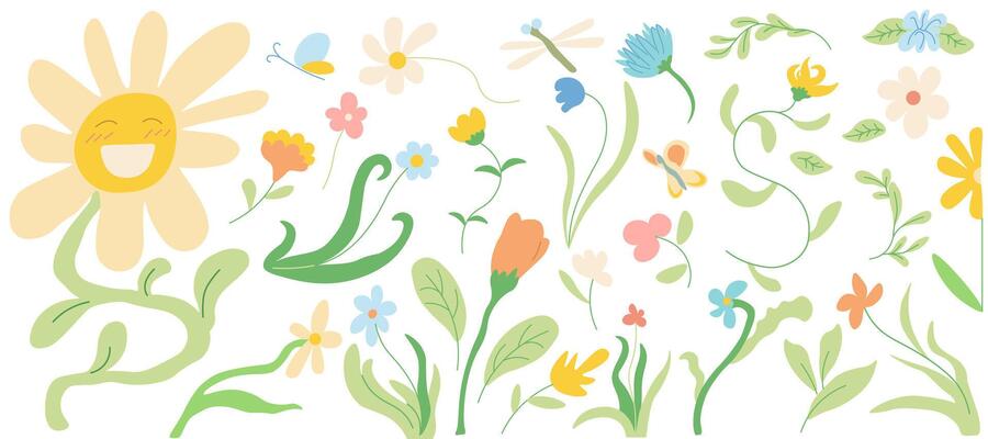 set of flowers and plants