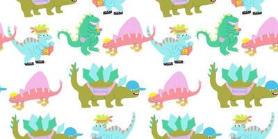 seamless pattern with cute dinosaurs characters vector