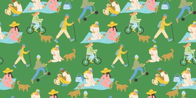 seamless pattern with people on picnic vector