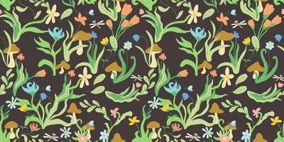 seamless pattern with plants and mushrooms vector