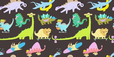 seamless pattern with cute dinosaurs characters on black background vector