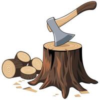 Axe stuck in tree stump firewood isolated illustration on white background vector