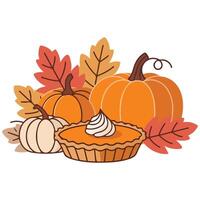 Pumpkin pie with fall leaves isolated illustration on white background vector