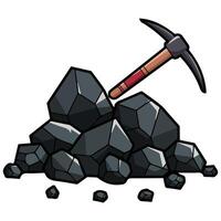 Black mineral chunks with mining tool isolated illustration on white background vector