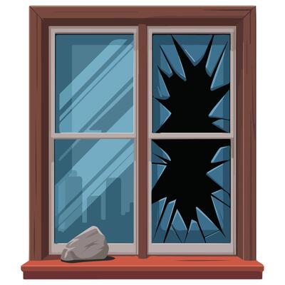 Broken window with rock isolated illustration on white background