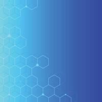 This is an illustration of a futuristic design with a gradient blue background and a geometric pattern of interconnected hexagonal and cubic shapes, creating a honeycomb-like structure. vector
