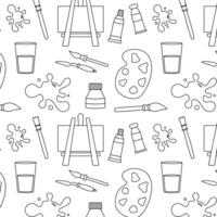 Seamless pattern with various drawing objects made in the style of contour drawings. You can see brushes, palettes, tubes of paints, cans of paint, paint stains and easels. vector