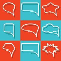 A set of dialog white bubbles for text, chat, message windows on a background of red and blue squares. vector
