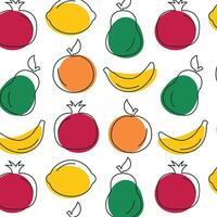 Seamless pattern of various colorful fruits bananas, lemons, oranges, pomegranates and pears. vector