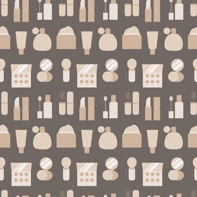 A seamless pattern of cosmetic accessories, including lipsticks, perfume bottles, cream jars, makeup powder boxes with mirrors, brushes