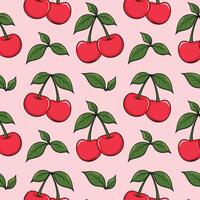 Seamless repeating pattern of bright red cherries with green leaves on a delicate pink background. For prints on fabrics, accessories or decorative items. vector