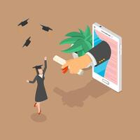 3D Isometric Flat Illustration of Virtual Graduation Ceremony , Certificate of Digital Learning vector