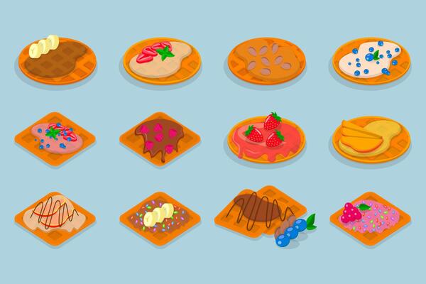 3D Isometric Flat Illustration of Homemade Pastry, Assorted Belgian Waffles with Fresh Berries, Cream, and Icecream