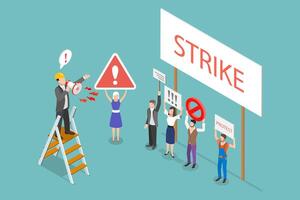3D Isometric Flat Illustration of Workers On Strike, Employees Protest of Payment and Working Conditions vector