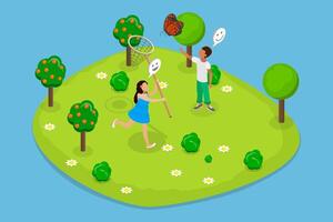 3D Isometric Flat Illustration of Summer Games, Kids Capturing Fluttering Butterfly Using Net vector