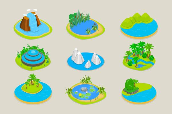 3D Isometric Flat Set of Natural Water Landscape , River, Waterfall, Pond, and Fountain