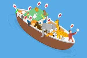 3D Isometric Flat Illustration of Ark And Noah, Noah releases dove from ark in Genesis flood narrative scene. vector
