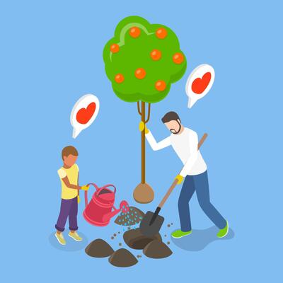 3D Isometric Flat Illustration of Family Garden, Parent and Kid Planting a Tree with Watering Can and Shovel