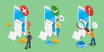 3D Isometric Flat Illustration of Bank Payment Receipt, Success and Error Status Check vector