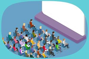 3D Isometric Flat Illustration of Performance On Stage, Audience Seating in Movie Theater, Facing Blank Screen vector