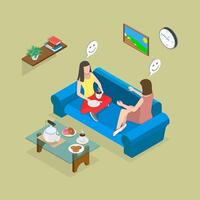 3D Isometric Flat Illustration of Friends Conversation, Chattering and Laughing with Drinks on Sofa vector