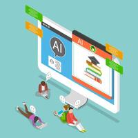 3D Isometric Flat Illustration of AI Helper Bot Education, Students Engaging in E-Learning with Education Assistant vector