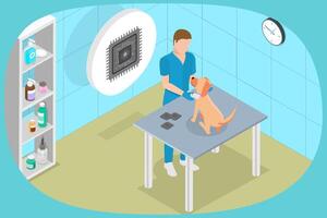 3D Isometric Flat Illustration of Pet Microchipping, Home Animals Microchip Service vector