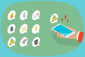 3D Isometric Flat Illustration of Smartphone Trouble, Mobile Phone Troubleshooting vector