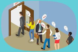 3D Isometric Flat Illustration of Resignation and Dismissal, Workers Formed Queue to Leave Office vector