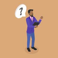3D Isometric Flat Illustration of Office Worker, Man Thinks While Holding Clipboard and Pen vector
