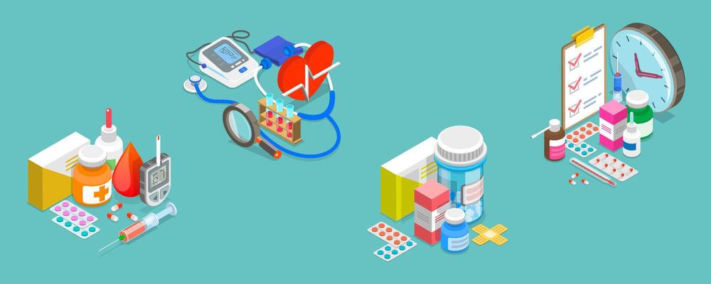 3D Isometric Flat Set of Pharmacy, Quick Aid and Treatment Products