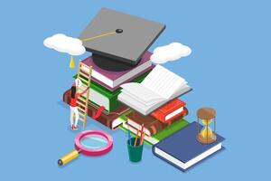 3D Isometric Flat Illustration of Growth Education And Development, Self-Improvement Through Reading vector