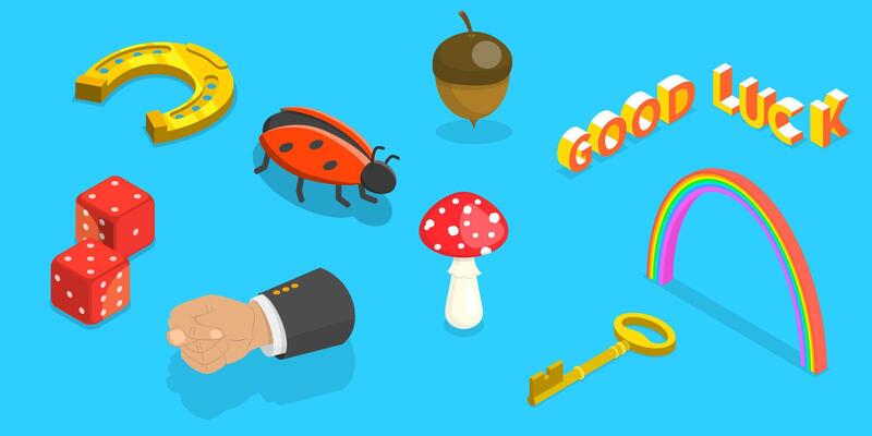 3D Isometric Flat Set of Good Luck Symbols, Success and Prosperity
