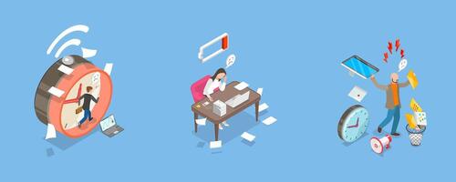 3D Isometric Flat Illustration of Stress At Work, Burnout, Overloading, Deadline Pressure vector