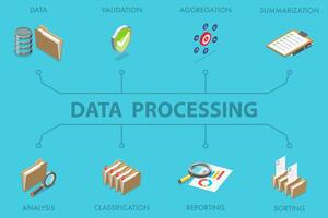 3D Isometric Flat Illustration of Data Processing, Statistics and Analytics vector