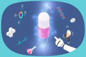3D Isometric Flat Illustration of Artificial Intelligence Technology, AI in Drug Discovery vector