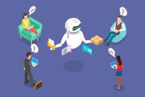 3D Isometric Flat Illustration of Artificial Intelligence In Marketing, Customer Queries and Assistance vector