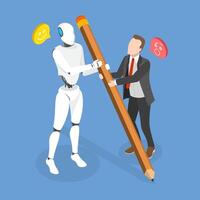3D Isometric Flat Illustration of AI Work With Human, Business Integration with Automated Technology vector