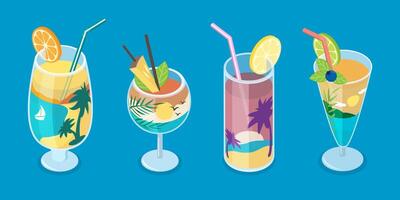 3D Isometric Flat Set of Summer Cocktails, Refreshing Cold Drinks vector