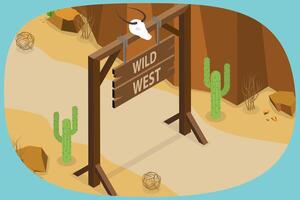 3D Isometric Flat Illustration of Wild West Composition, Cacti, Trees and Wooden Gates vector