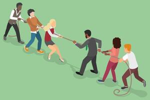 3D Isometric Flat Illustration of Workers Competitors Pull Rope, Active Game for Business Teamwork vector