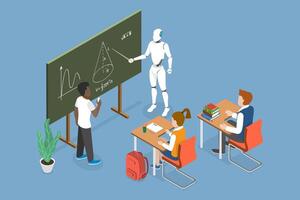 3D Isometric Flat Illustration of Future Education, Collaborative Learning with Robot Teacher and Students in a Classroom vector