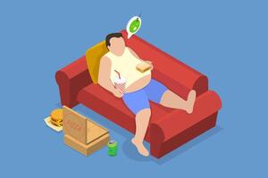 3D Isometric Flat Illustration of Overeating, Lazy Overweight Man Lounging on Couch vector