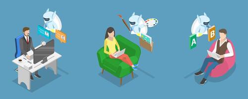3D Isometric Flat Illustration of Artificial Intelligence, AI Creating Texts, Images, and vector