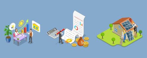 3D Isometric Flat Illustration of Going Solar , Solar Energy Process from Beginning to End vector